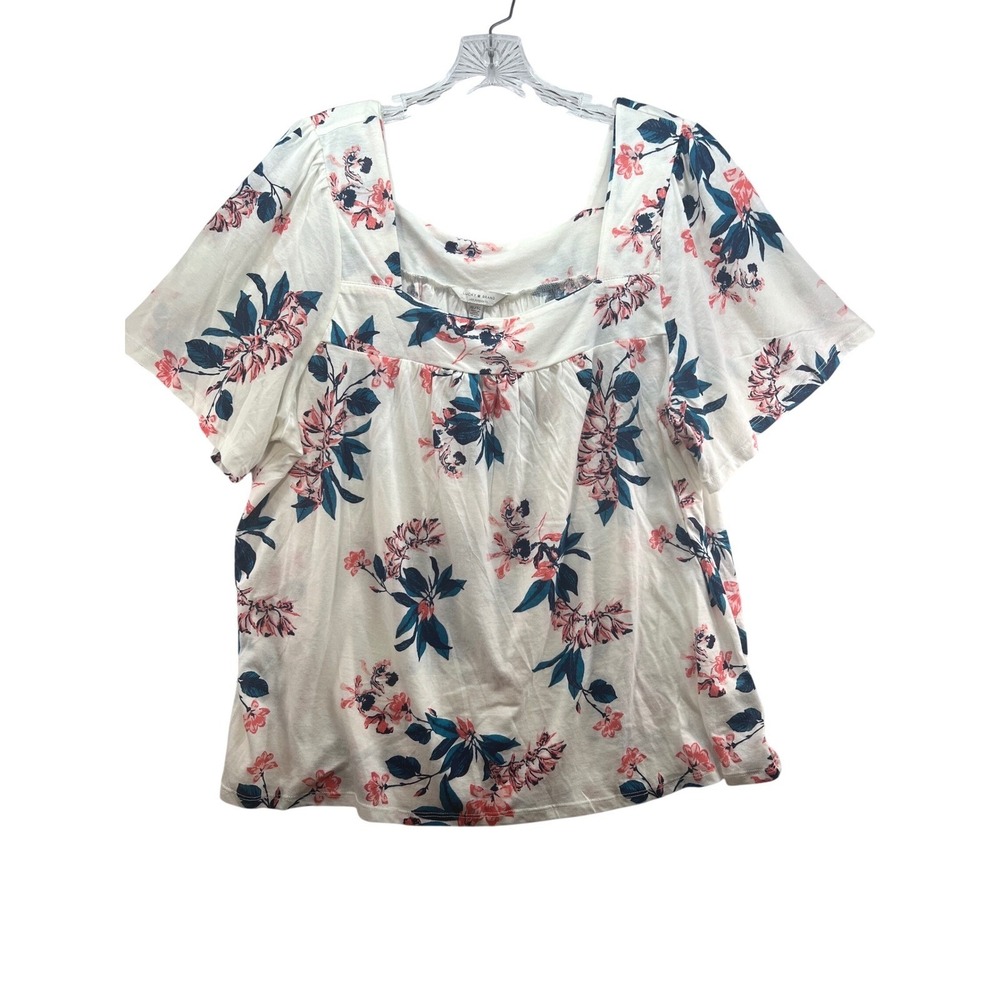 Lucky Brand Floral Square Neck Short Sleeve Blouse XL White Pink Teal Knit Top